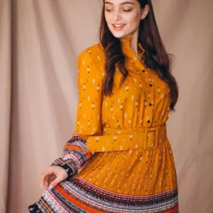 Boho-Inspired Yellow Dress with Vibrant Prints and Belted Waist