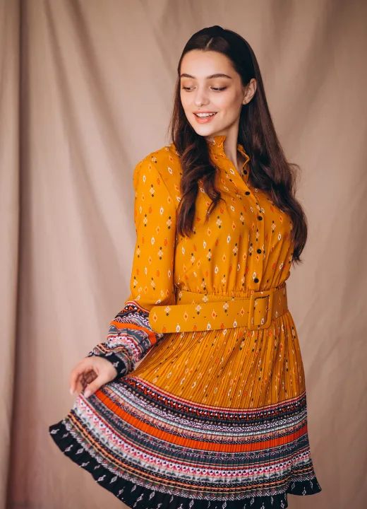Boho-Inspired Yellow Dress with Vibrant Prints and Belted Waist