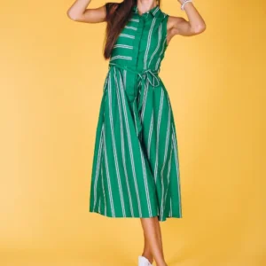 Chic Green Striped Midi Dress Styled with Sneakers and Hat
