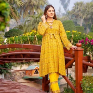 Sunshine Glow: Yellow Printed Suit for Festive Daywear