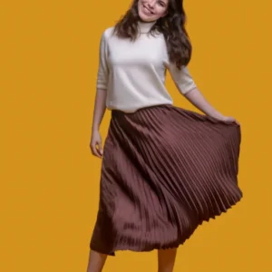 Elegant Pleated Midi Skirt with Soft Beige Knit Top
