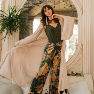 Chic Lounge Style with Floral Pants and Flowing Long Shrug