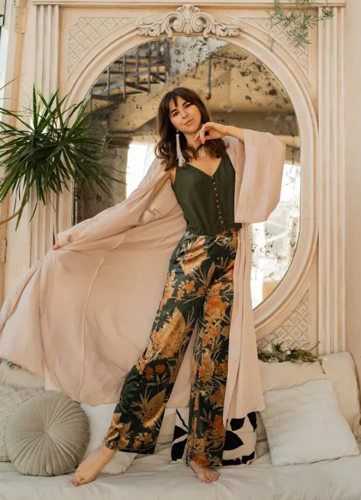 Chic Lounge Style with Floral Pants and Flowing Long Shrug